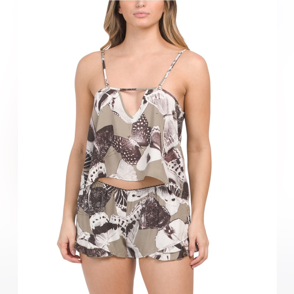 Butterfly Print Spaghetti-Strap Sleep Set - Taupe